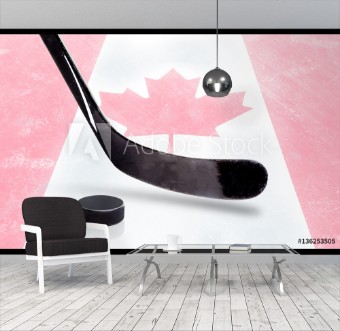 Picture of Hockey Stick and Puck With Canadian Flag on Ice